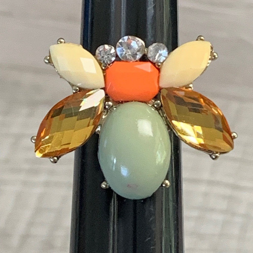 Gold Tone Multi Color Stone Bee Cocktail Ring Spiked Band Size 7.25